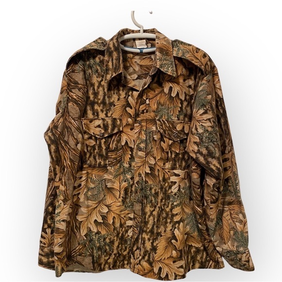Mens Shirt XL Fall Leaf Print Long Sleeve Brown Camo‎ Cotton Button Front - Picture 2 of 11